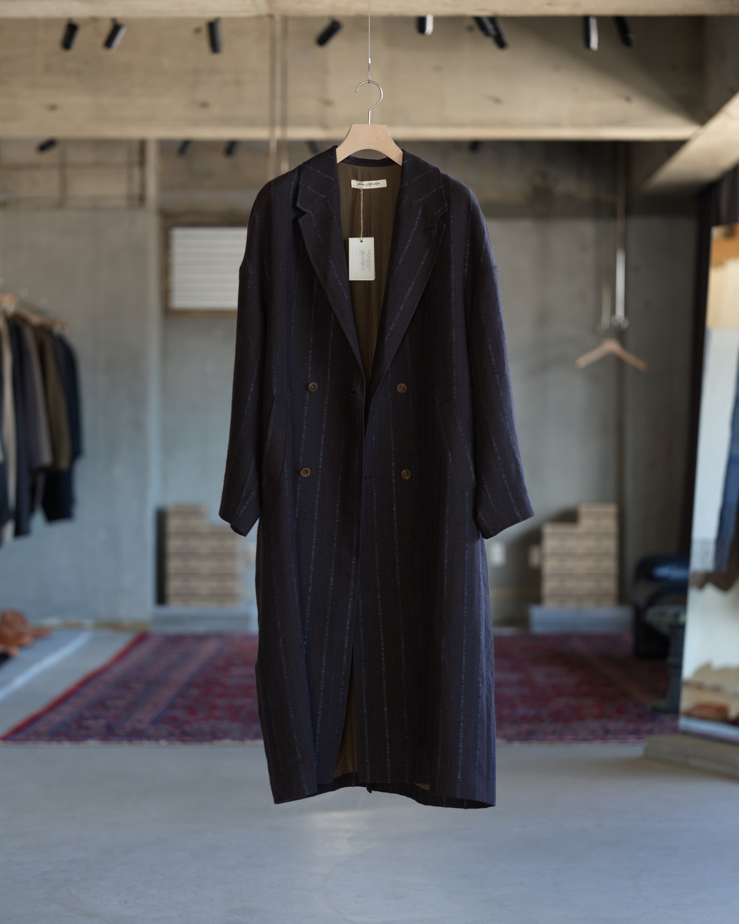 Double Breasted Overcoat - Raisin Dobby Stripe Herringbone