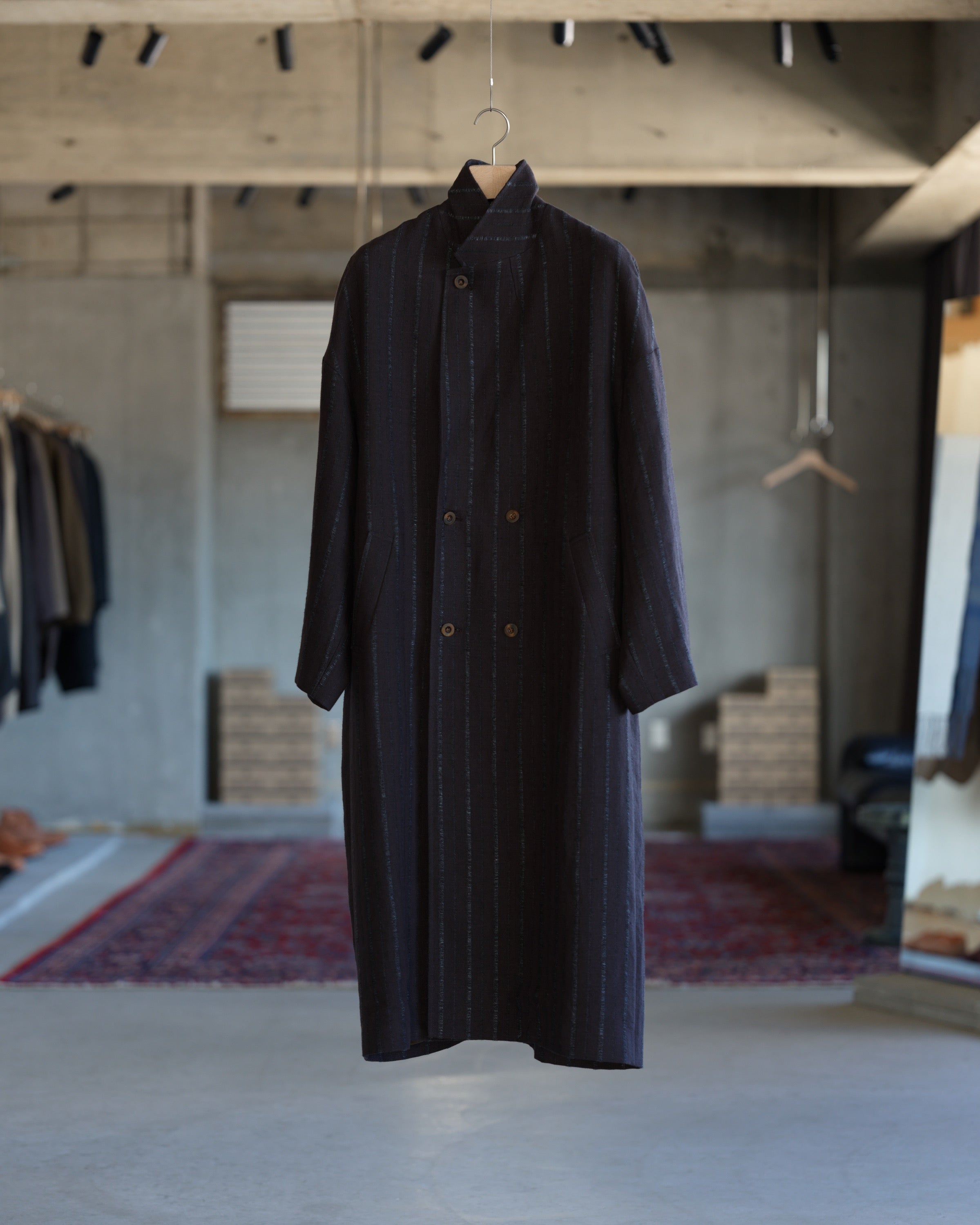 Double Breasted Overcoat - Raisin Dobby Stripe Herringbone