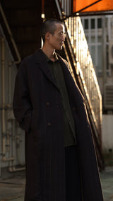 Double Breasted Overcoat - Raisin Dobby Stripe Herringbone
