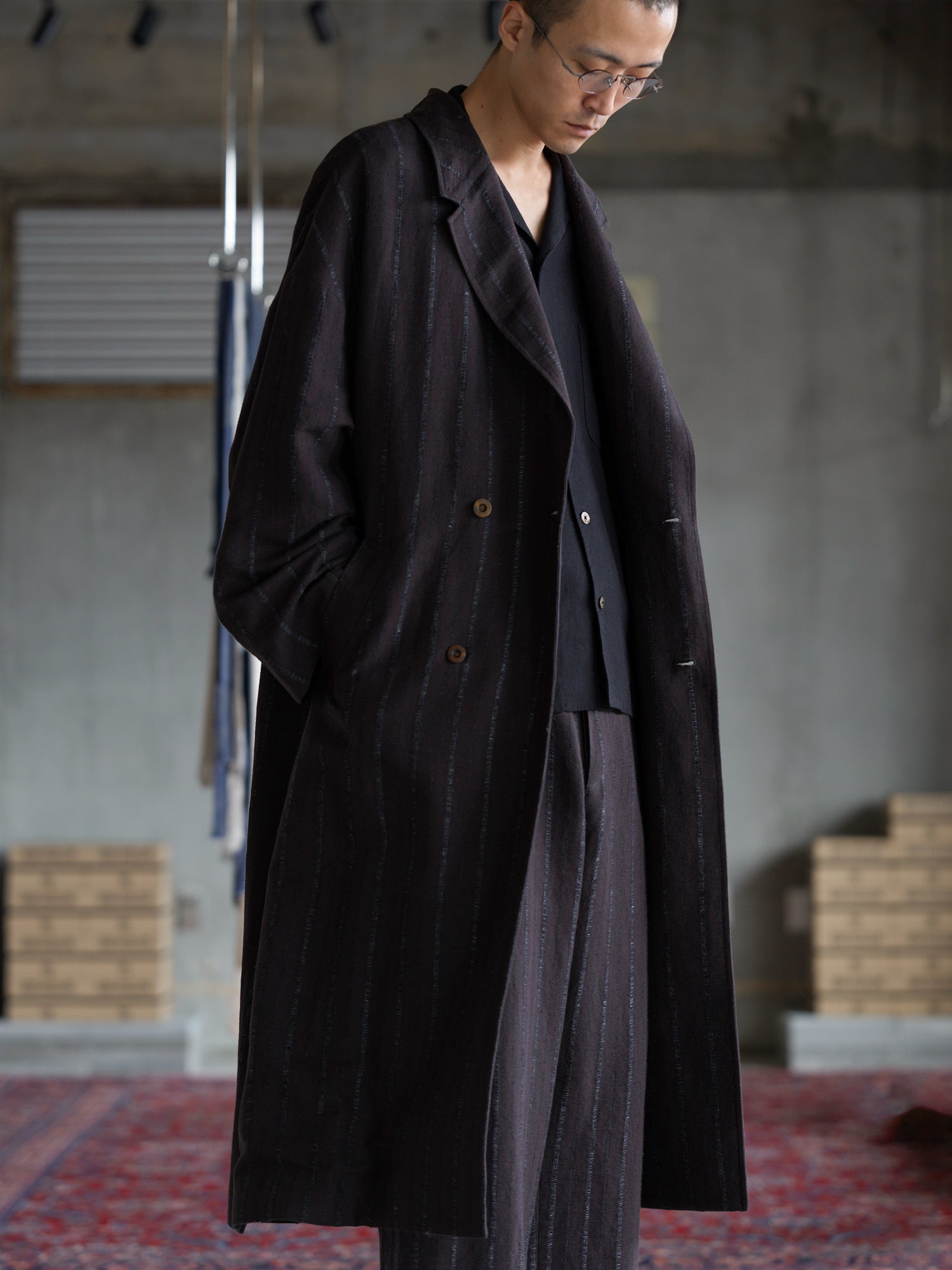 Double Breasted Overcoat - Raisin Dobby Stripe Herringbone