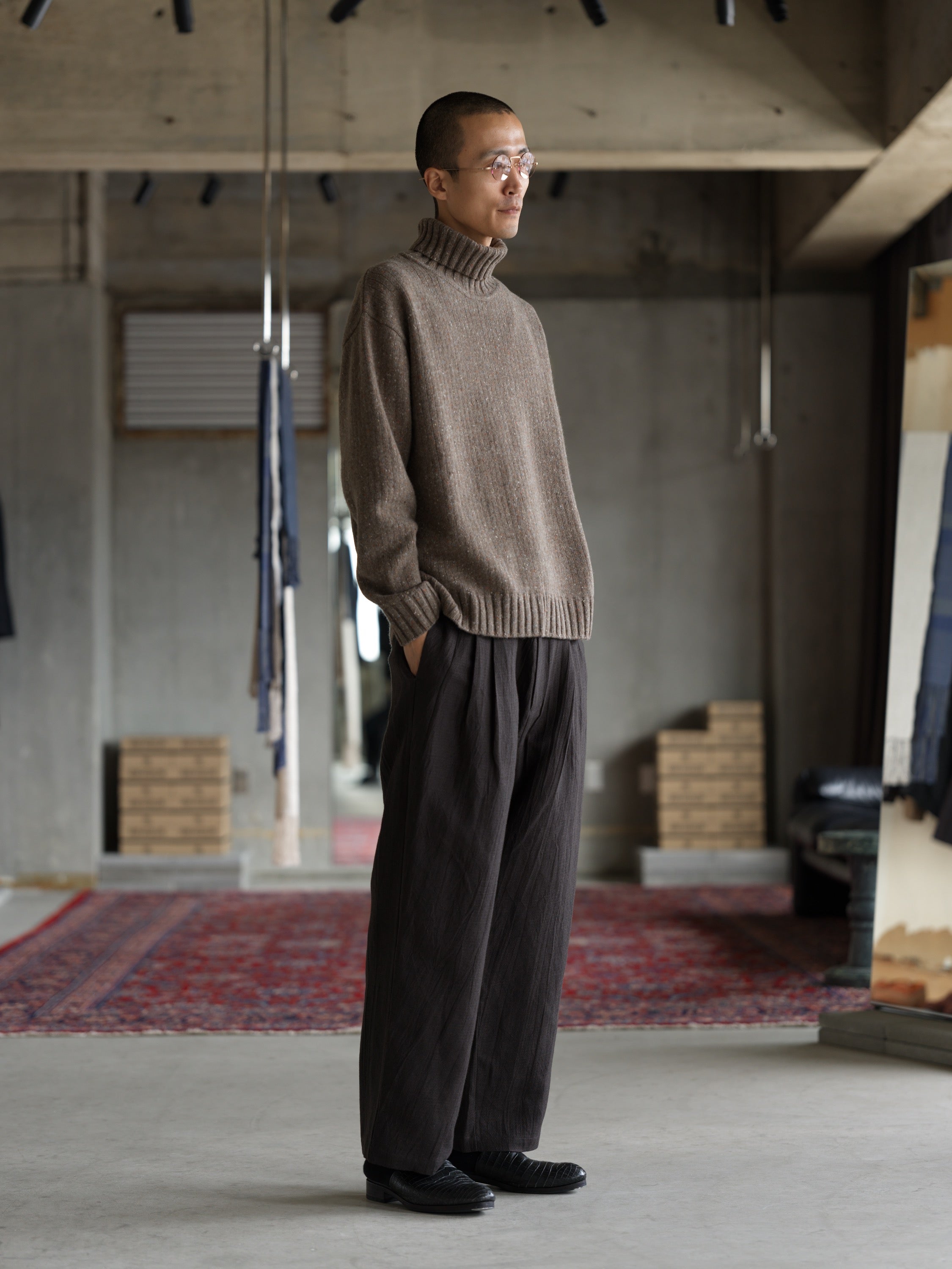 High Neck Sweater - Flecked Light Brown