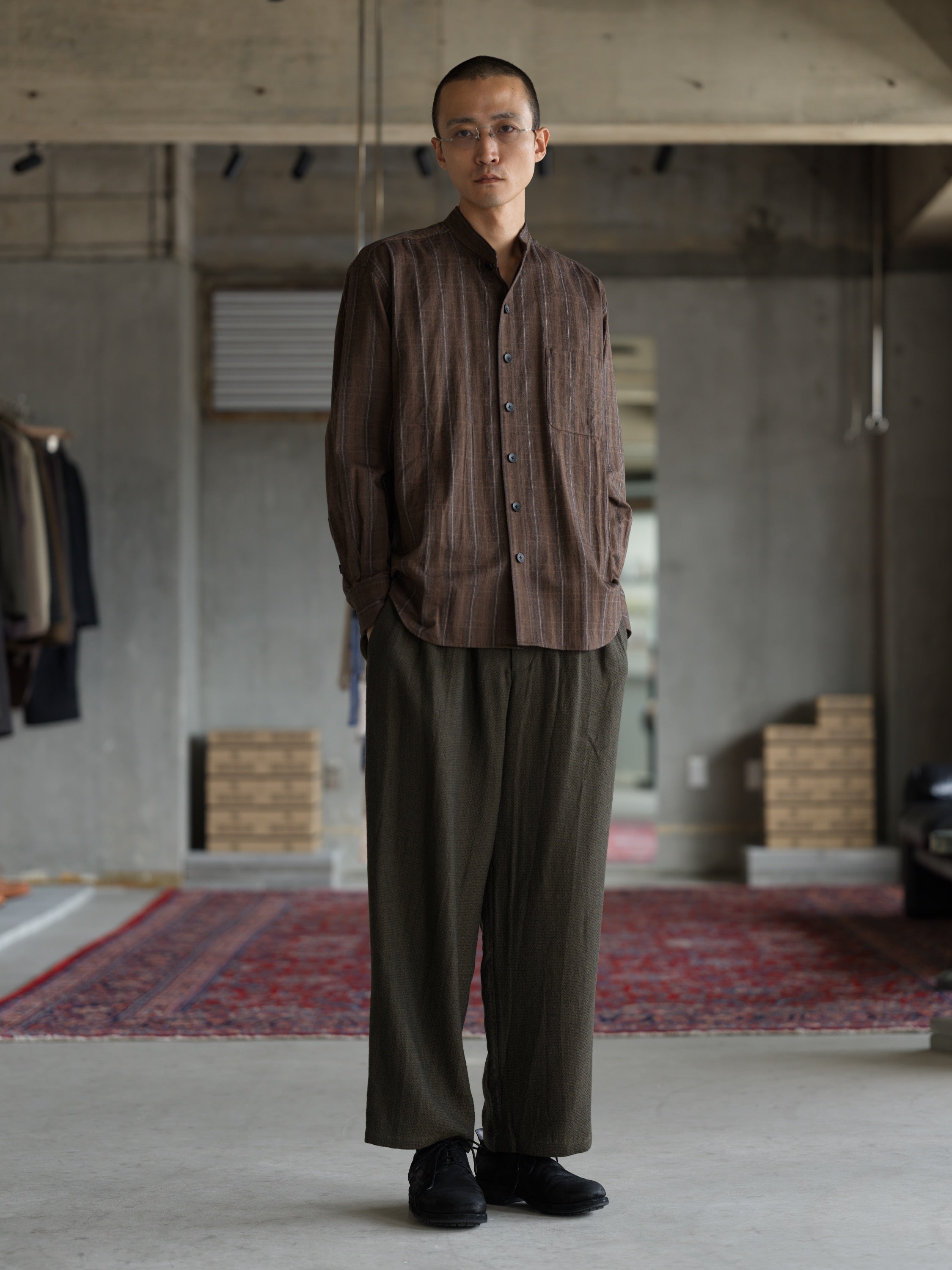 Stand Collar Shirt - Umber Stripe Cotton Twill