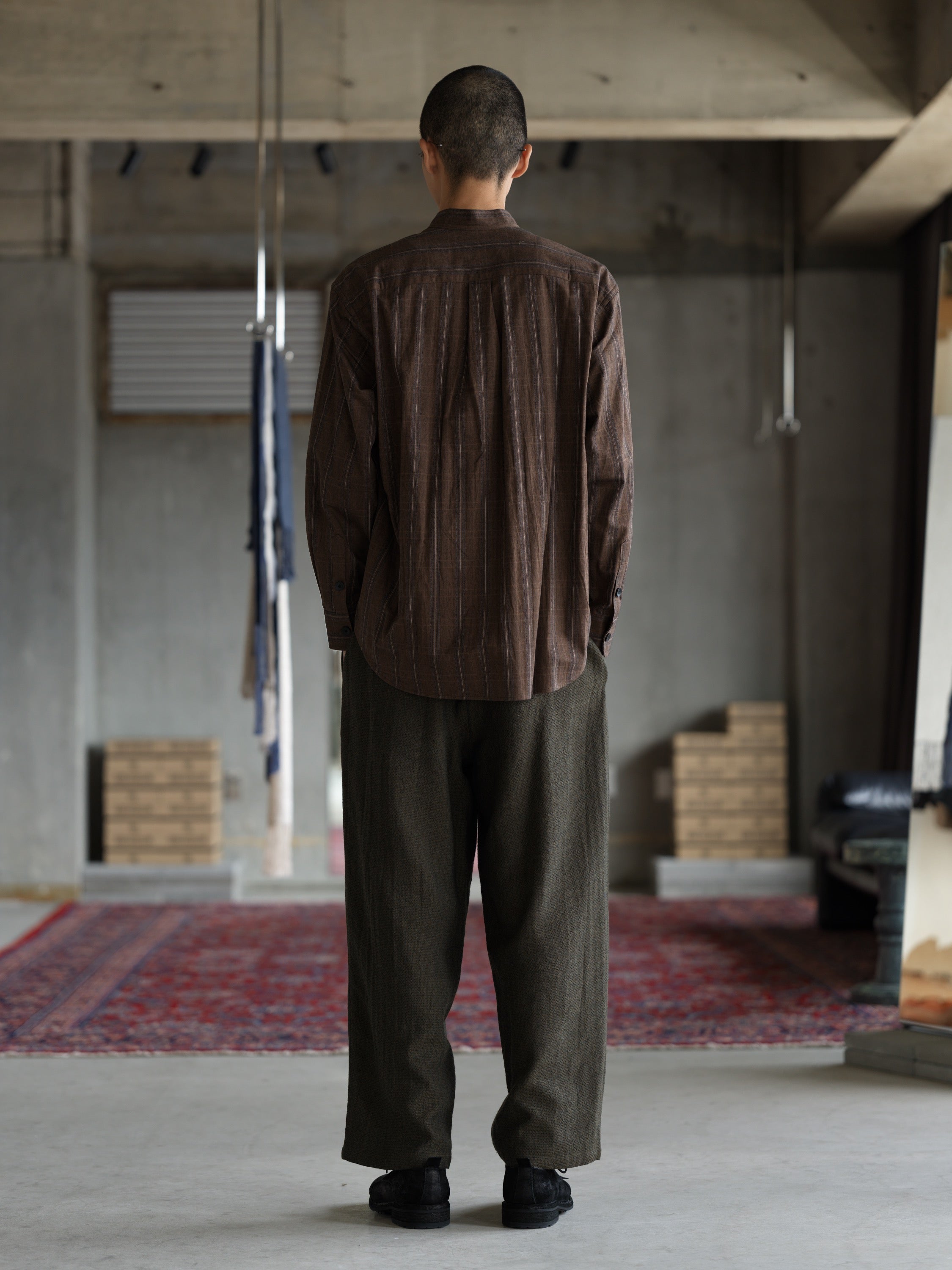 Stand Collar Shirt - Umber Stripe Cotton Twill