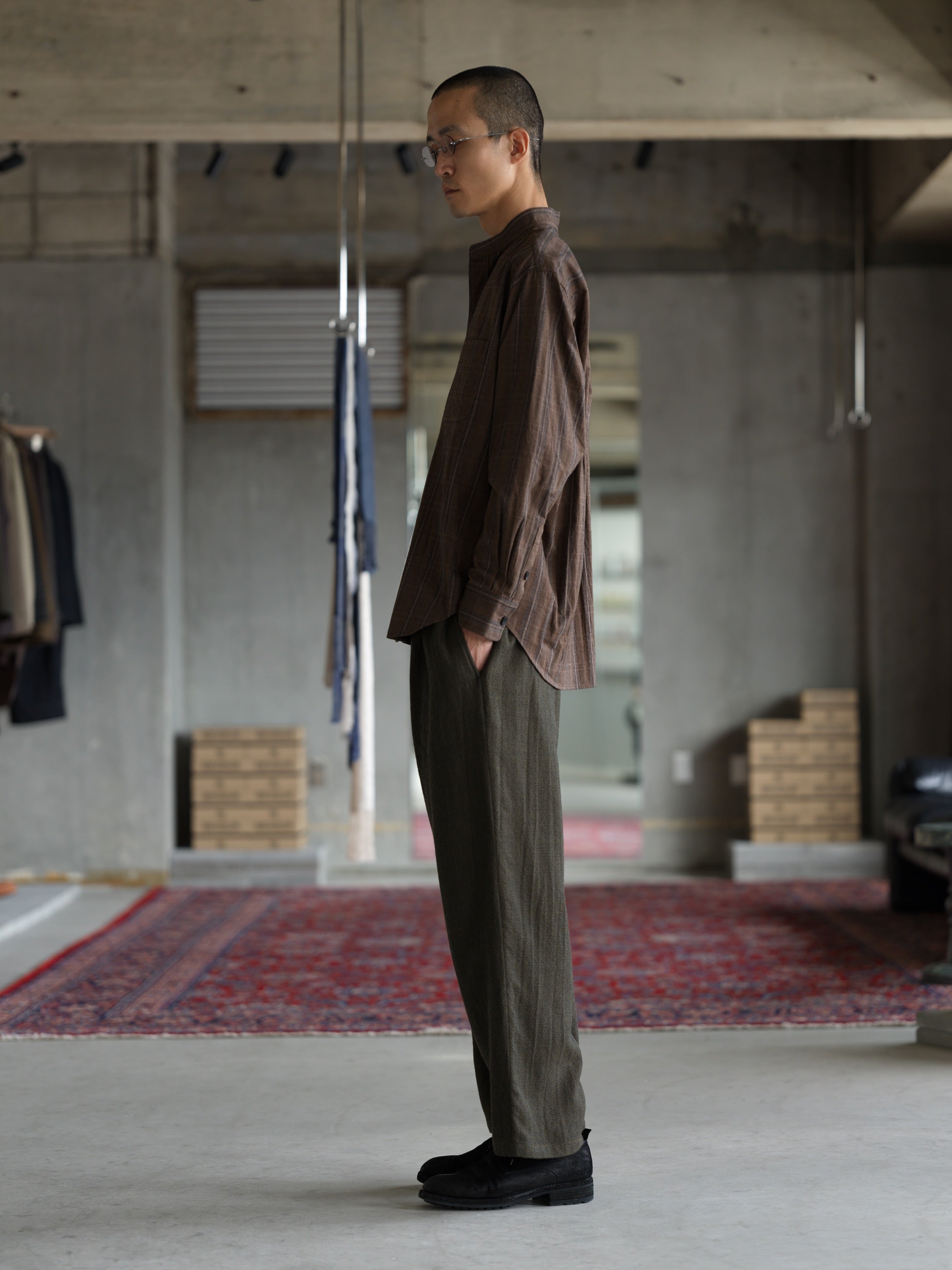 Stand Collar Shirt - Umber Stripe Cotton Twill