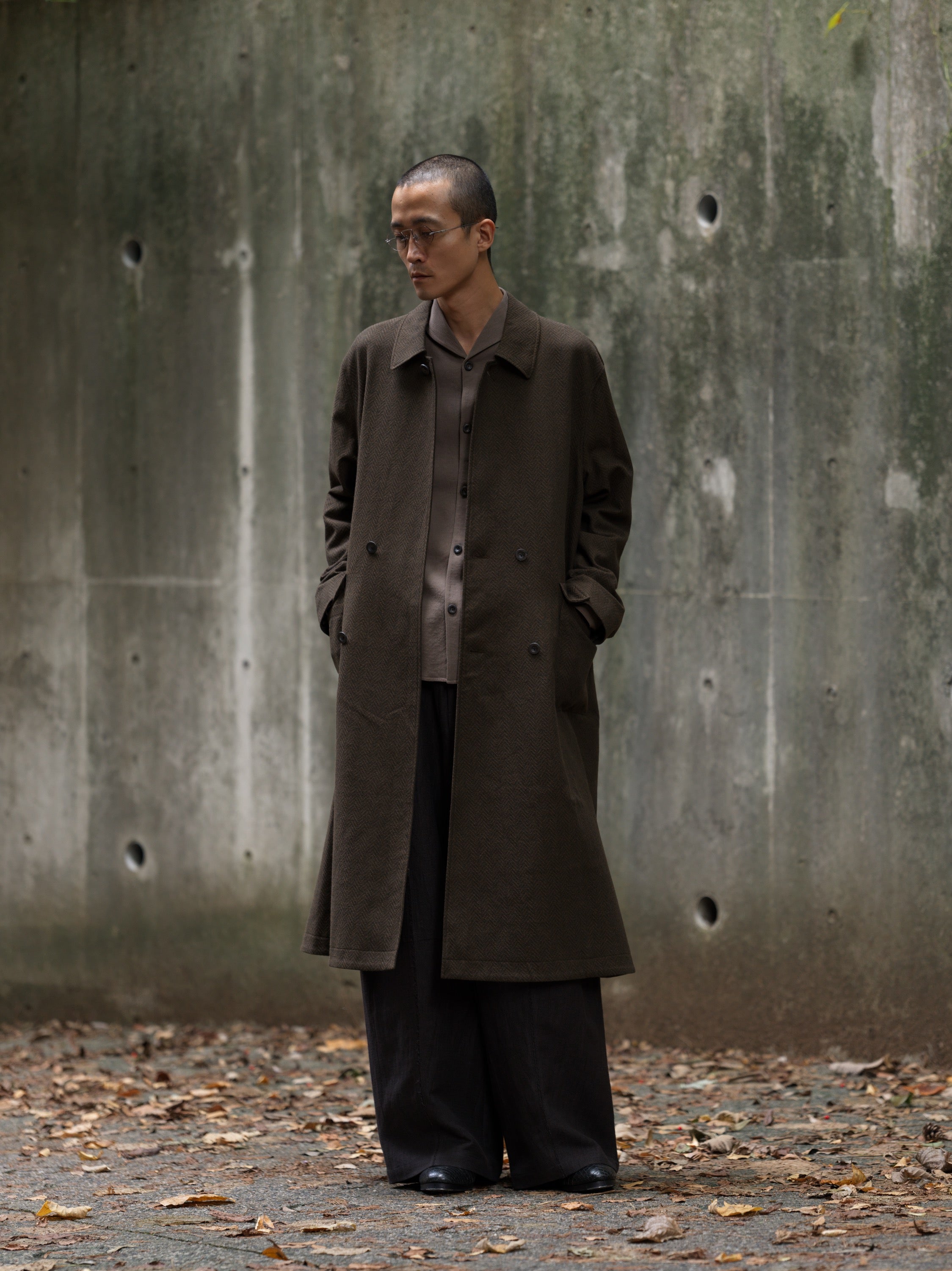 Bias Closure Double Breasted Coat - Khaki Herringbone