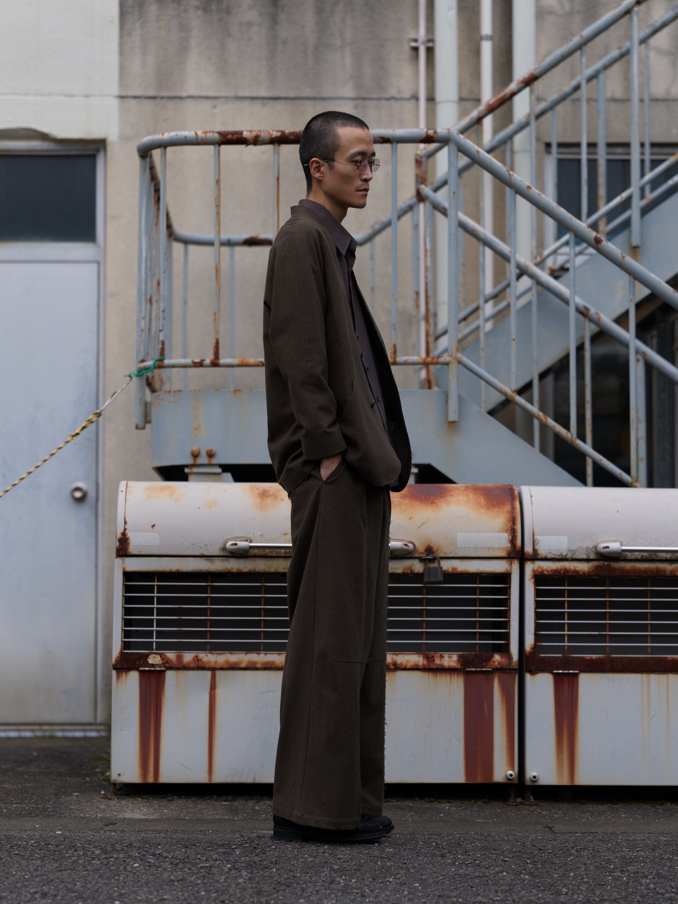 Raw Seam Long Trouser - Khaki Herringbone